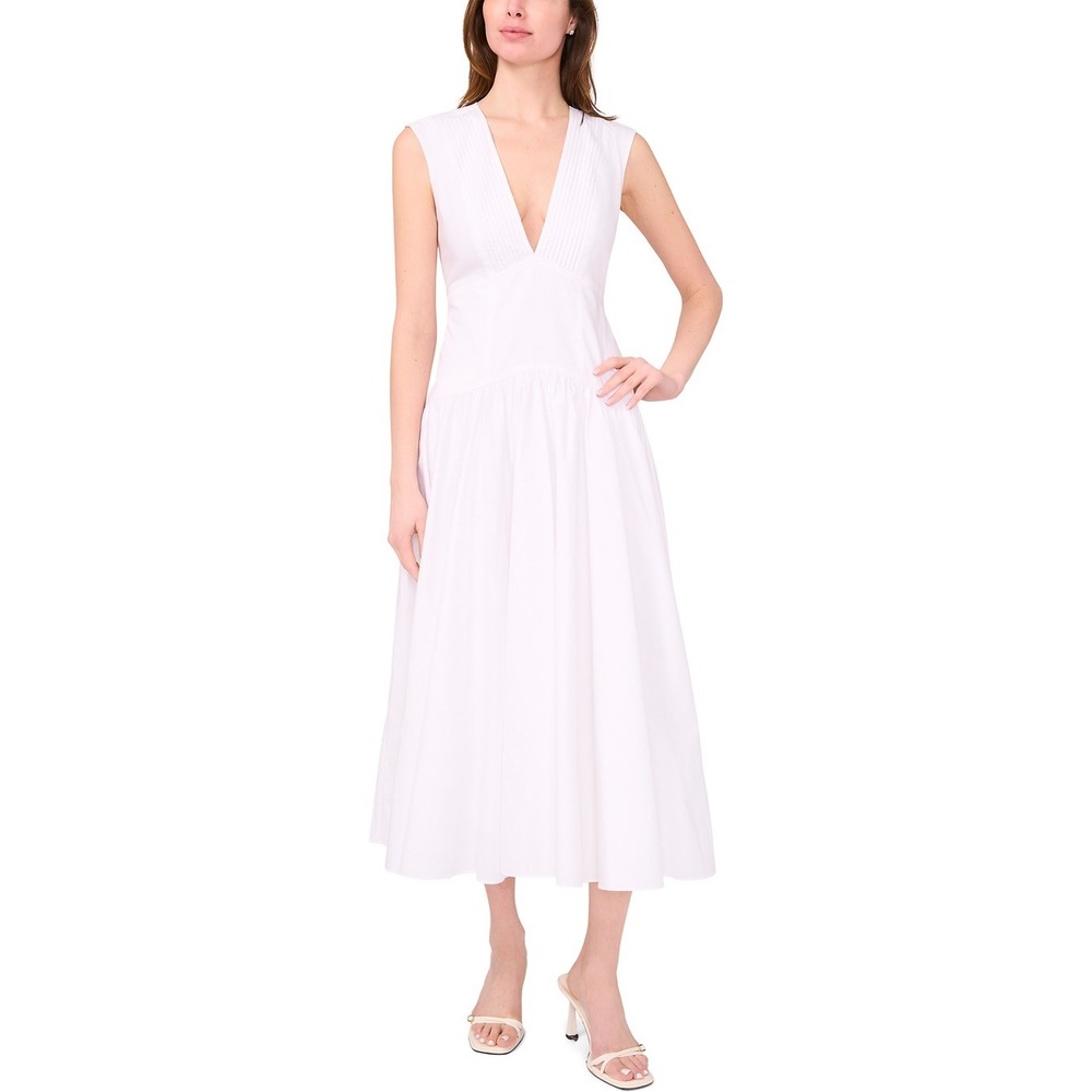 Parker White Sleeveless V-Neck Pleated Midi Dress Size 2 Cotton Summer Bridal